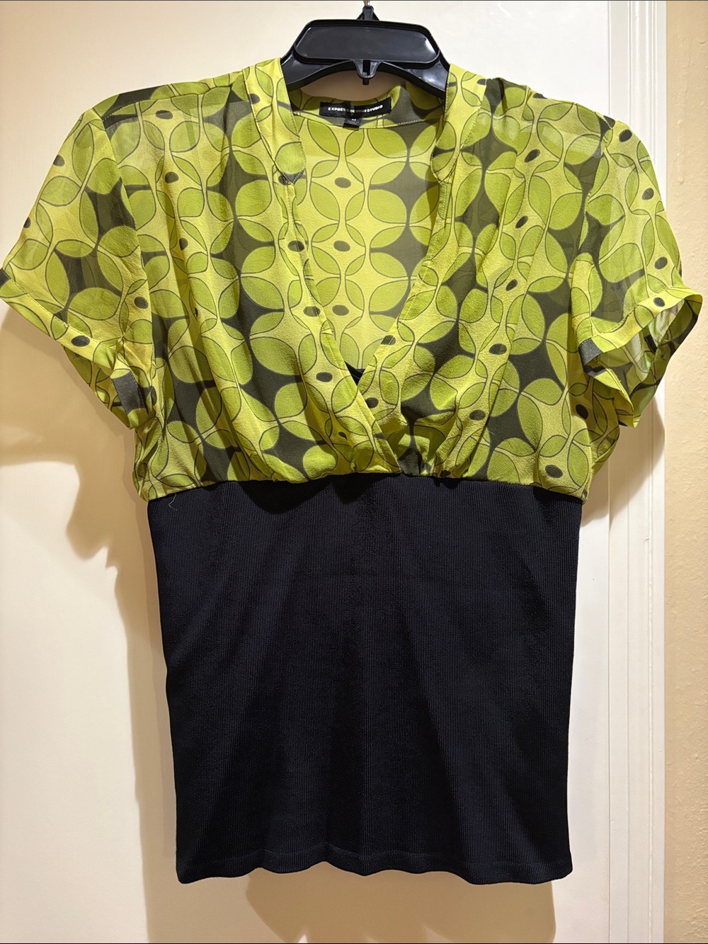 Express Lime Green Patterned Surplice Blouse with Black Bodice